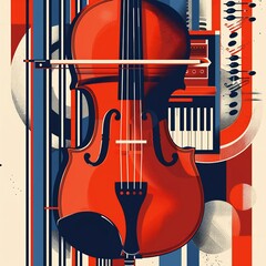 A vibrant, abstract representation of a musical theme, featuring a red cello ready to play, surrounded by dynamic colors and shapes that evoke movement and rhythm.