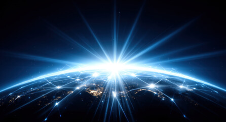 Obraz premium Stunning view of Earth from space, showcasing bright light emanating from horizon, symbolizing connectivity and technology. intricate network of lines represents global communication