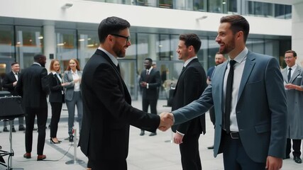 Business professionals engage in conversation at a corporate event in a modern office plaza during a sunny afternoon
