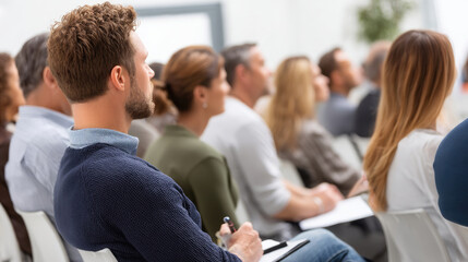 Attentive audience members listen intently during a presentation in a bright, modern conference room