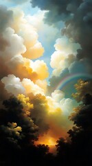 Fototapeta premium Dramatic Sunset Sky with Rainbow over Dark Trees Golden Cloudscape Painting Art Print