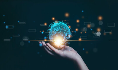 Hands showing the world of digital marketing, business concept, technology, international market,...