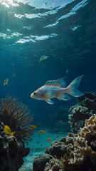 Naklejka premium Fish swim in the thickness of the tropical sea, the ocean floor is covered with coral. Sunlight shines through the water column.