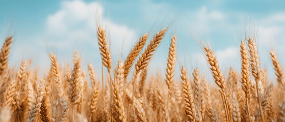 Fototapeta premium A golden wheat field sways gently under a bright blue sky, capturing the essence of nature and agriculture.