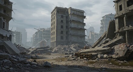 Ruined cityscape postapocalyptic desolation after conflict