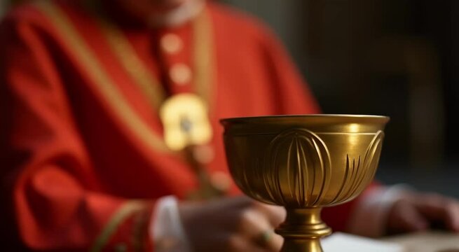 Hand of a cardinal voting for the nwe Pope by putting his name on card in a golden chalice at the conclave 