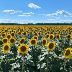 Fototapeta premium Sunflower Field in Full Sunlight: Vibrant Yellow Blooms in a Rural Landscape with Blue Sky and Clouds - Perfect for Gardening and Landscape Photography