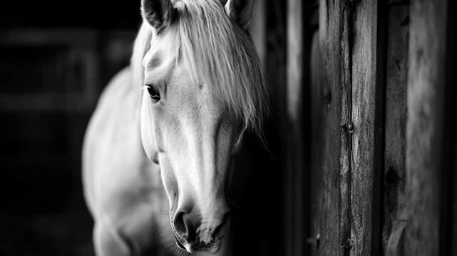 A white horse is standing in front of a wooden fence. The horse's head is turned to the side, and its eyes are closed. The image has a calm and peaceful mood