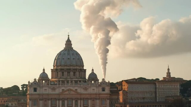 White smoke rises from the chapel chimney, indicating the successful election of a new pope during the papal conclave.