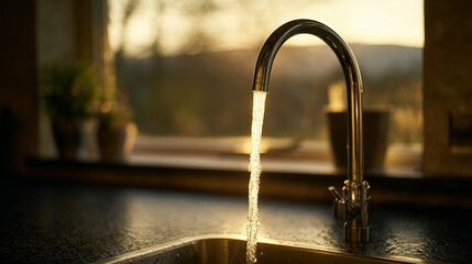 Sunlight streams onto water flowing from a kitchen faucet.
