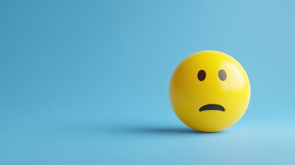 Fototapeta premium Yellow emoticon ball with a sad expression on a light blue background.