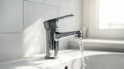 Close-up of a chrome faucet with running water.