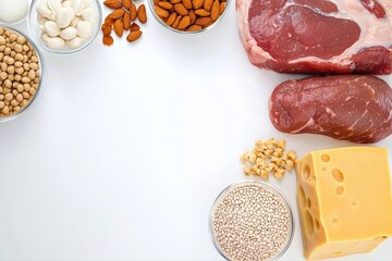 High angle shot of protein rich food assortment on white background table
