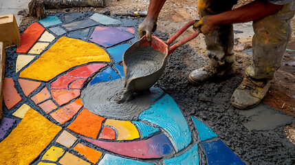 Worker Applying Cement to a Colorful Mosaic Pavement