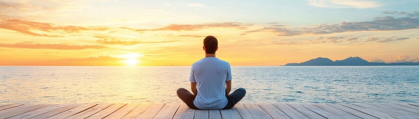 A man meditates in lotus pose on a dock overlooking the ocean sunset.