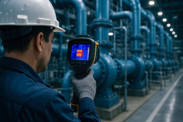 Worker uses thermal camera to inspect pipes in industrial power plant ensuring safety and efficient operation in controlled environment