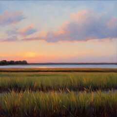 Obraz premium Serene Sunset over Calm Water and Grassy Marsh Peaceful Evening Landscape Painting