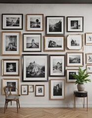 Fototapeta premium Chic gallery wall, diverse frame sizes & orientations, stylish, photo frames