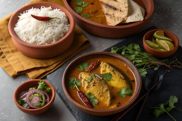 Bengali Rui Macher Jhol with Rice in Terracotta Plate – Traditional Fish Curry Top View