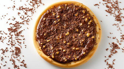 A chocolate dessert pizza topped with chocolate sprinkles and sauce