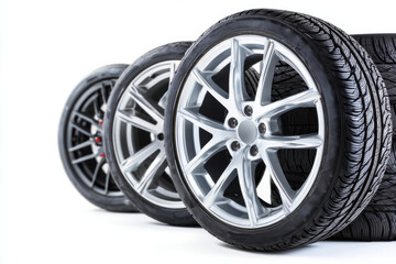 Fototapeta premium Set of tires and alloy wheels isolated on white background representing automotive equipment and parts