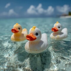 Three rubber ducks float in clear turquoise water with a blurred background.