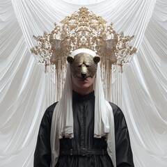 Unique artistic portrayal of a figure wearing a bear mask in a draped setting