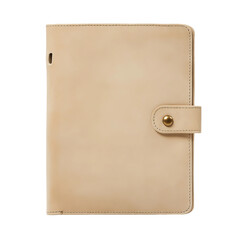 A close-up shot of a sleek, beige tablet case with a button closure, exuding a sense of elegance and functionality. The textured surface catches the light.