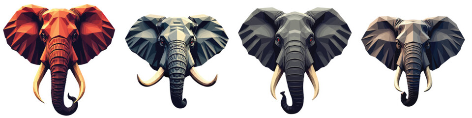 Cut-out set of low-poly war elephant face in a vector illustration against a Transparent or white background, best for logo design, print, sticker or clipart.