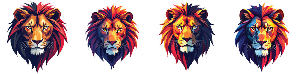 Cut-out set of low-poly mech lion face in a vector illustration against a Transparent or white background, best for logo design, print, sticker or clipart.