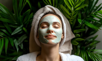 Woman with Clay Mask and Towel on Head Lying Among Lush Greenery in Beauty Spa for Skin Care and Relaxation in Indoor Setting