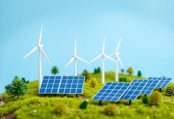 Miniature green energy landscape with wind turbines and solar panels, showcasing renewable energy, landscape, model