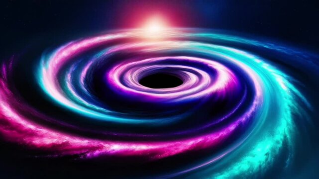Dramatic view of an active black hole drawing in matter around it. A glowing accretion disk surrounds the black hole, sending powerful jets of energy into space,