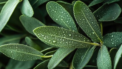 Close-up of lush green leaves, water droplets