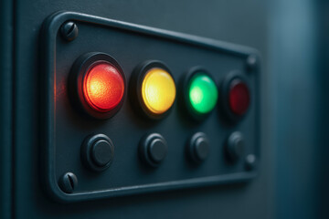 Industrial control panel with illuminated power indicator lights in plant setting showing operational status with red yellow and green signals