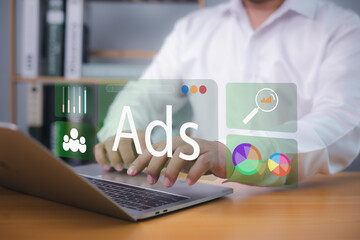Ad, Market, Product ads, Online advertising concept Internet advertising digital marketing social media, Man using laptop with Ads dashboard digital marketing strategy analysis research for branding.