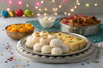 Bengali Sweet Platter with Rasgulla, Sandesh, Chomchom & Mishti Doi – Festive Dessert Tray