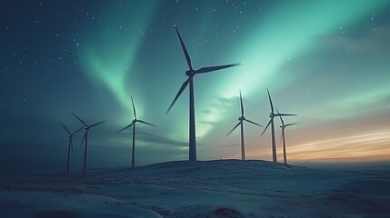 Wind turbines at night under aurora borealis