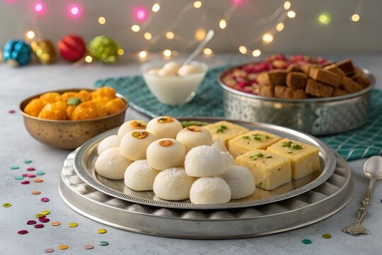 Bengali Sweet Platter with Rasgulla, Sandesh, Chomchom & Mishti Doi &ndash; Festive Dessert Tray