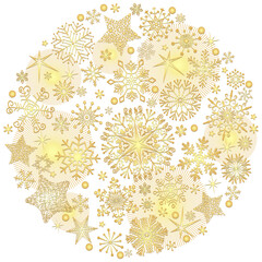 Vector Christmas snow ball from ornate gradient golden glitter snowflakes and stars isolated on a transparent background