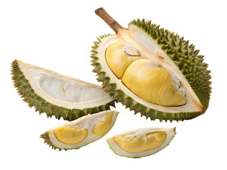 Obraz premium Durian fruit cut open and sliced, showing its spiky green shell and creamy yellow edible flesh on a clean white surface