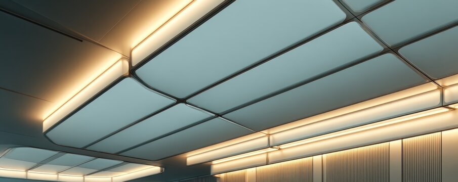 Interior architectural detail featuring a ceiling with geometric patterns and warm lighting.