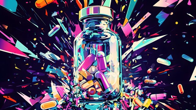 Vibrant medicine bottle exploding with colorful pills