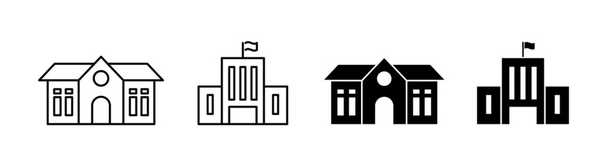 School icon line style and flat glyph style. Icon set related to education and learning.