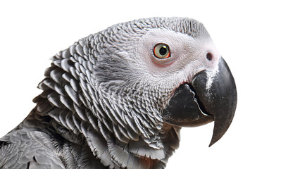 Obraz premium Majestic African Grey Parrot Portrait against white Background showcasing its detailed plumage and captivating gaze.