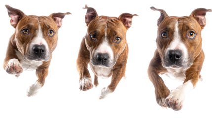 Funny amstaff dog with crazy eyes flying in the air, cutout isolated white background
