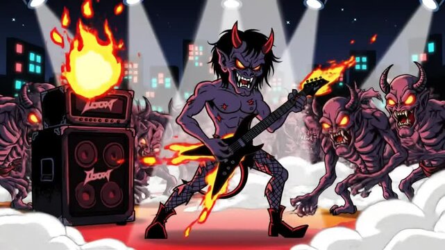 A punk devil playing electric guitar, blasting fire from the amp, on a stage surrounded by demons, camera circling the performer, night, neon-lit inferno, heavy metal cartoon style