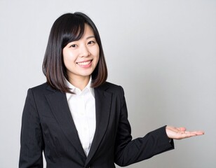 笑顔にスーツを着て案内する女性