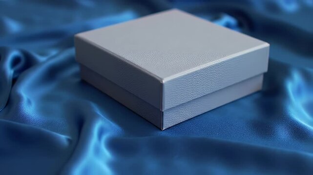A light gray gift box rests on a vibrant blue satin fabric