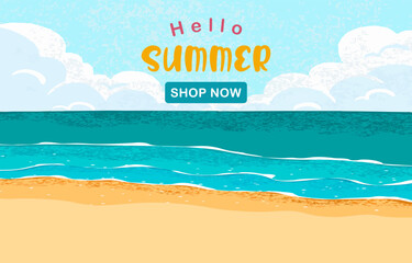 summer landscape grain texture background with beach and palm leaves for horizontal design